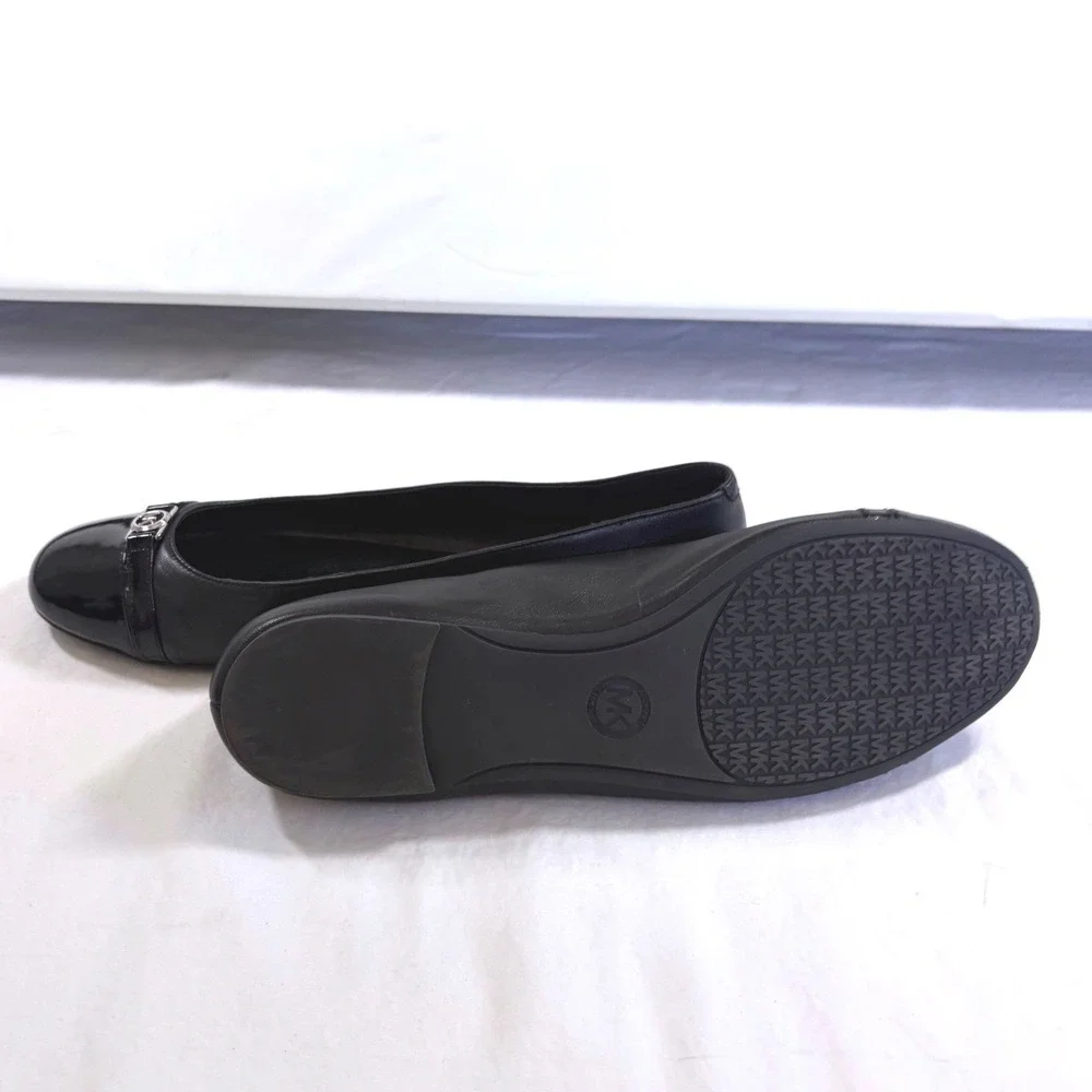 Michael Kors Mandy Black Leather Cap Toe Ballet Flats Silver MK Logo Shoes 10.5